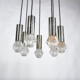 Lampe à suspension vintage en métal chromé et verre 1970