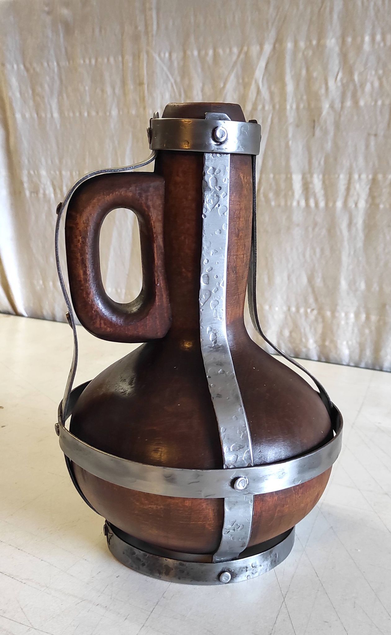 Vase / jug in solid wood and metal - mid 20th century