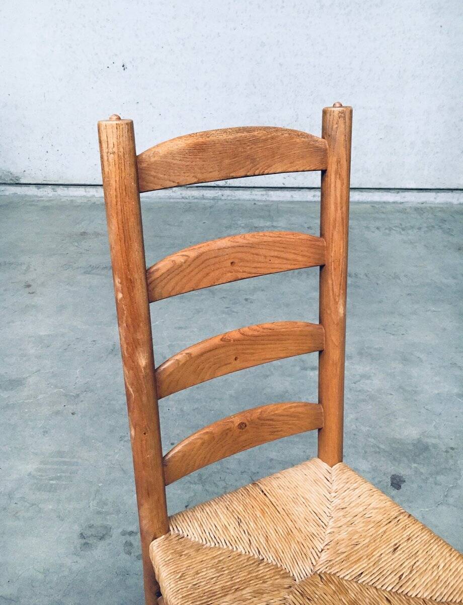 Rustic Oak and Rush High Ladder Back Dining Chairs, Belgium, 1950s, Set of 6