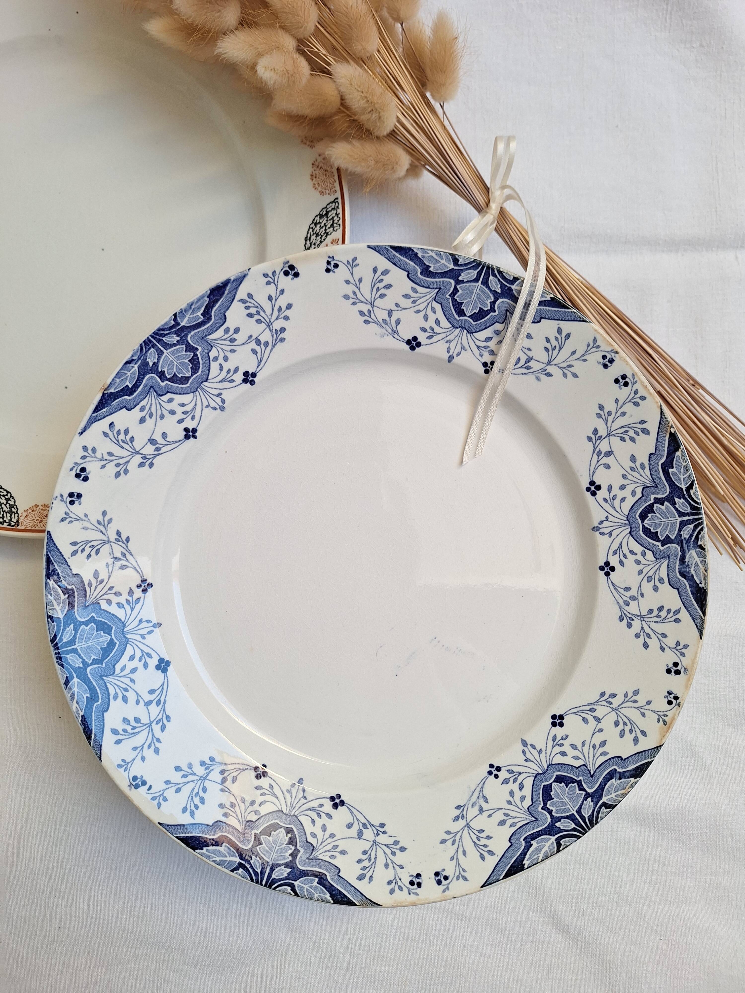 Round orange and blue plate HBCM and Creil and Montereau