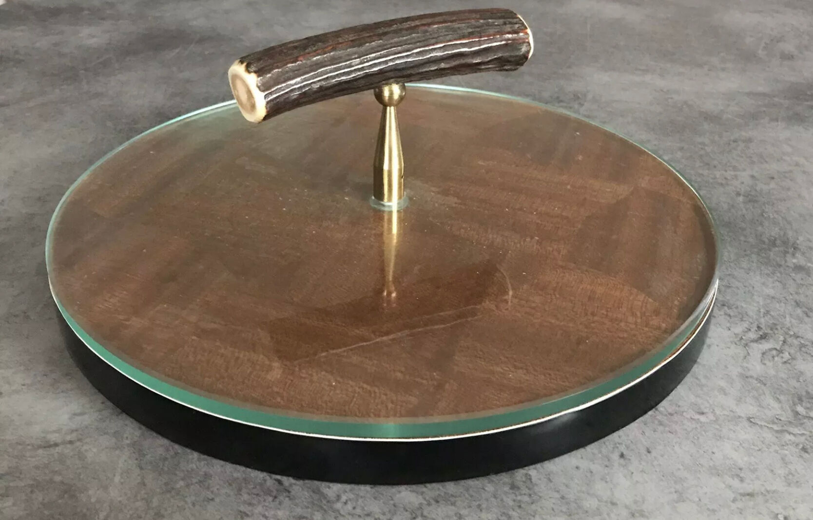 Cheese plat vintage rond marquetry plateau turning glass 28.5 cm