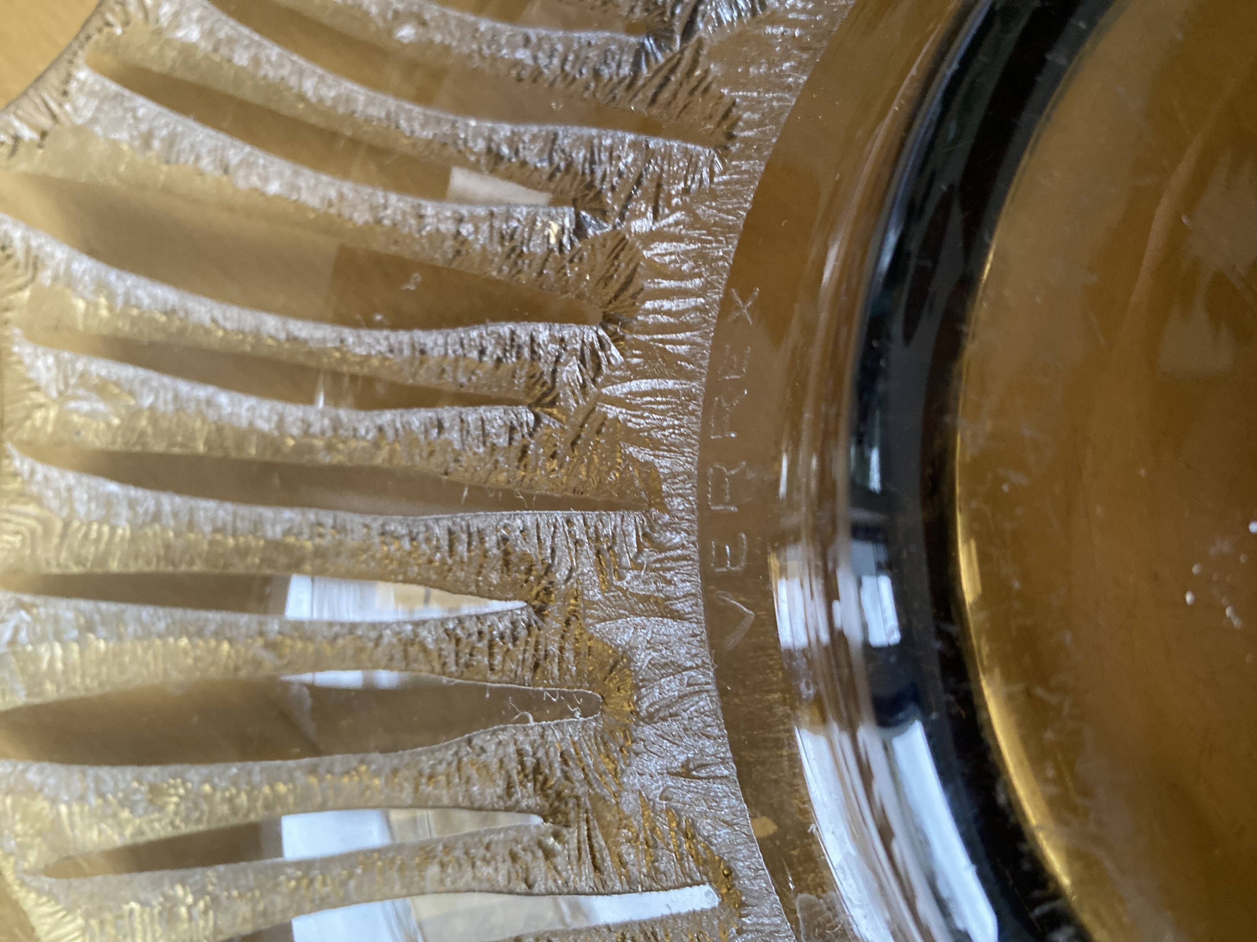 Old Verrex smoked glass fruit bowl, with a radius decoration cut into the glass