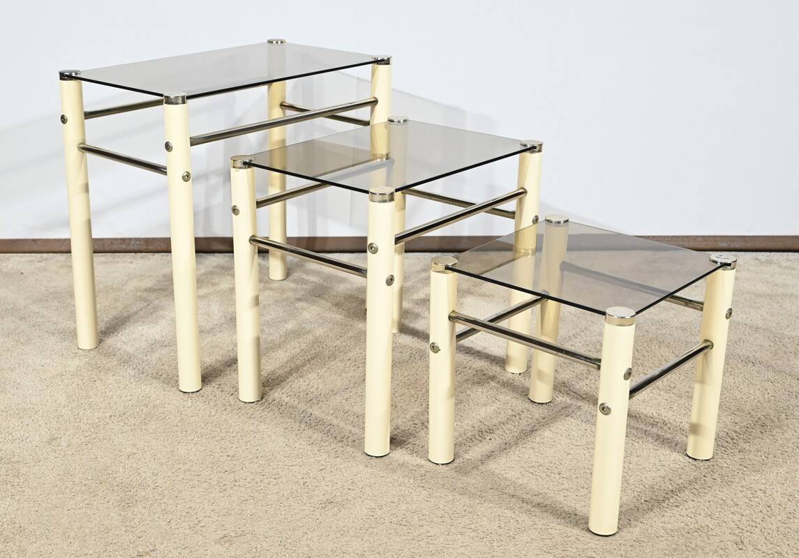 Tables Gigognes en Métal Beige, attribuées à Yves Boutboul – 1970