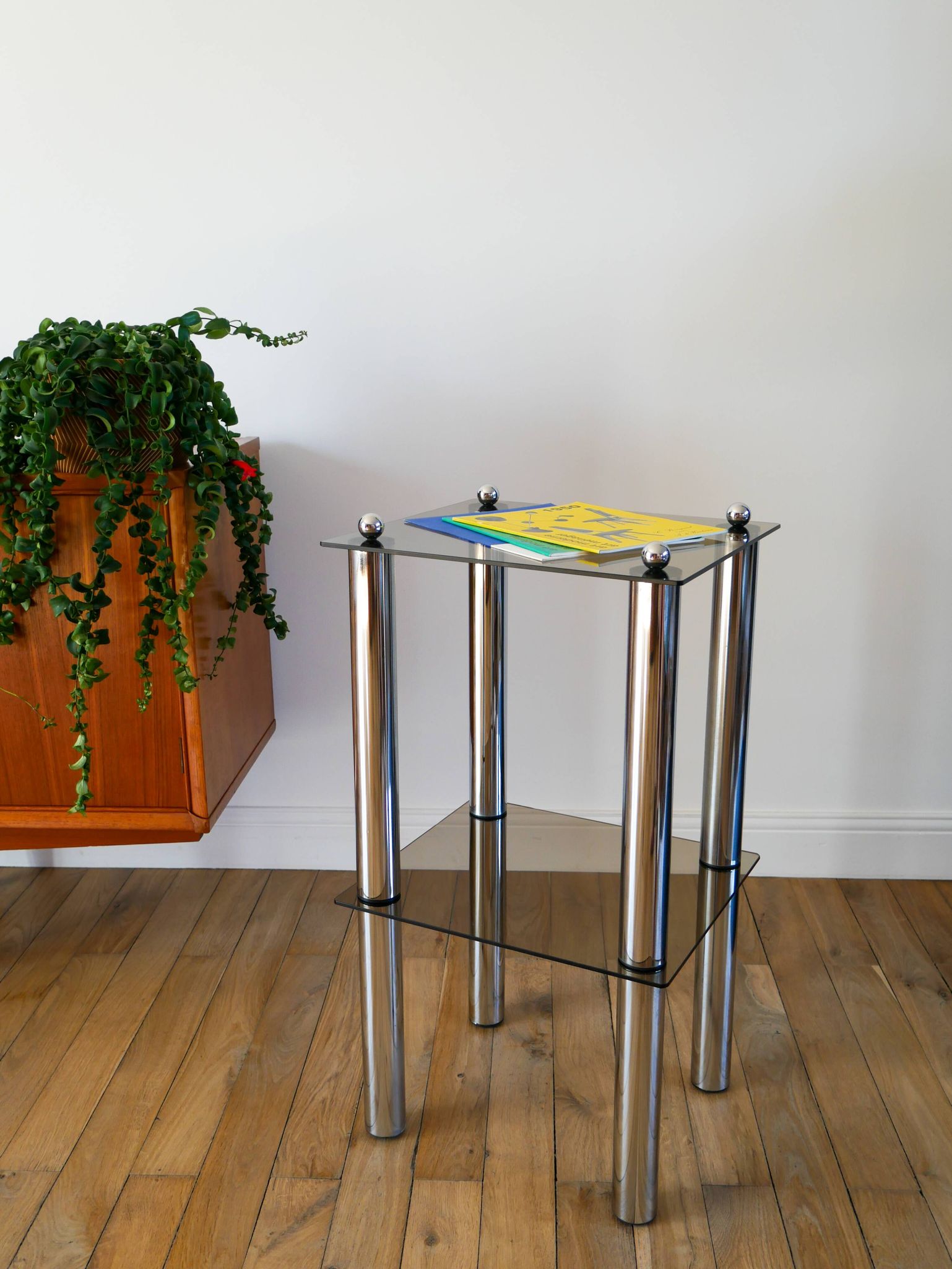 Bolster in chrome and smoked glass, double floors, Design, 1970