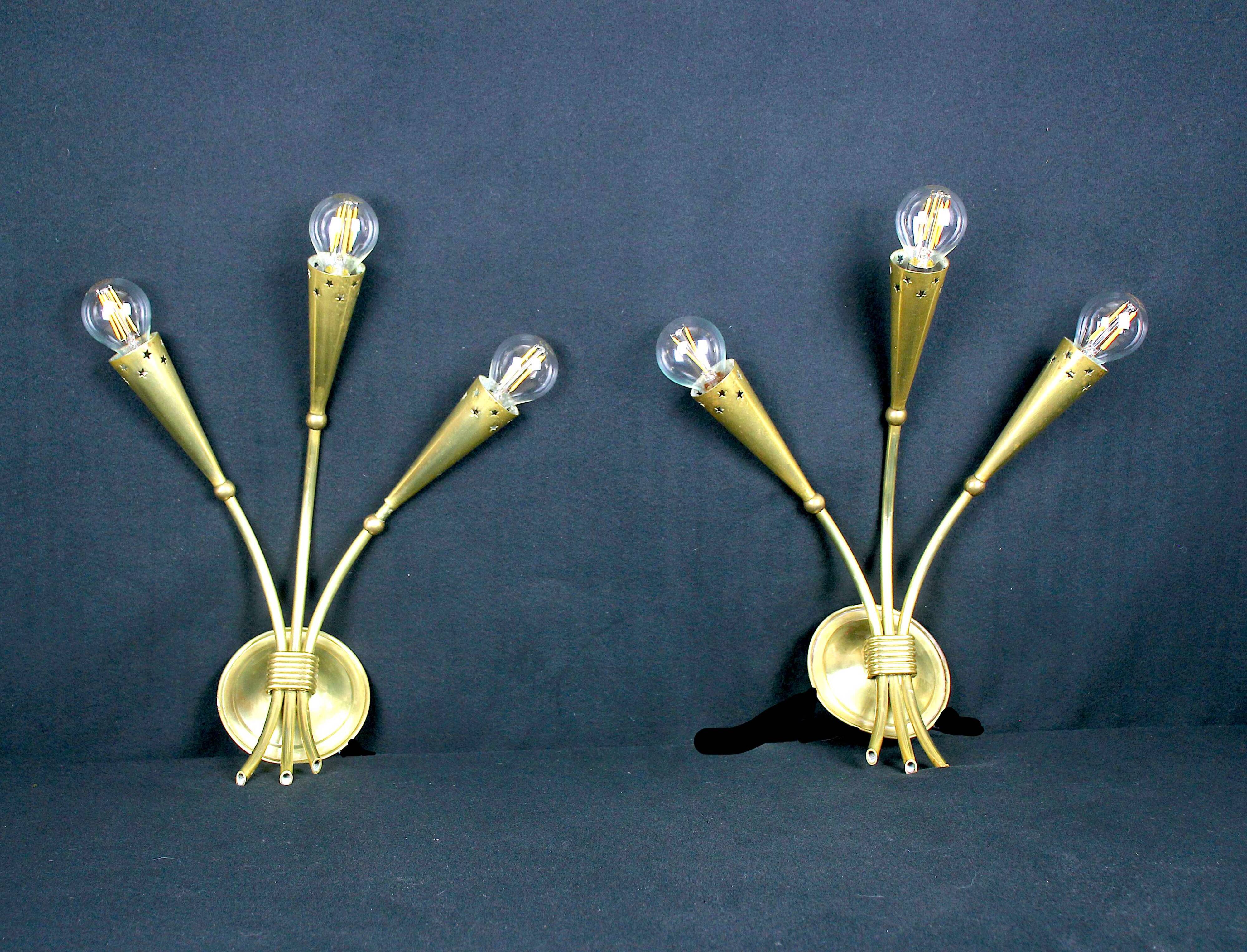 Pair of gilded brass wall lights, Maison Lunel, France, 1950's