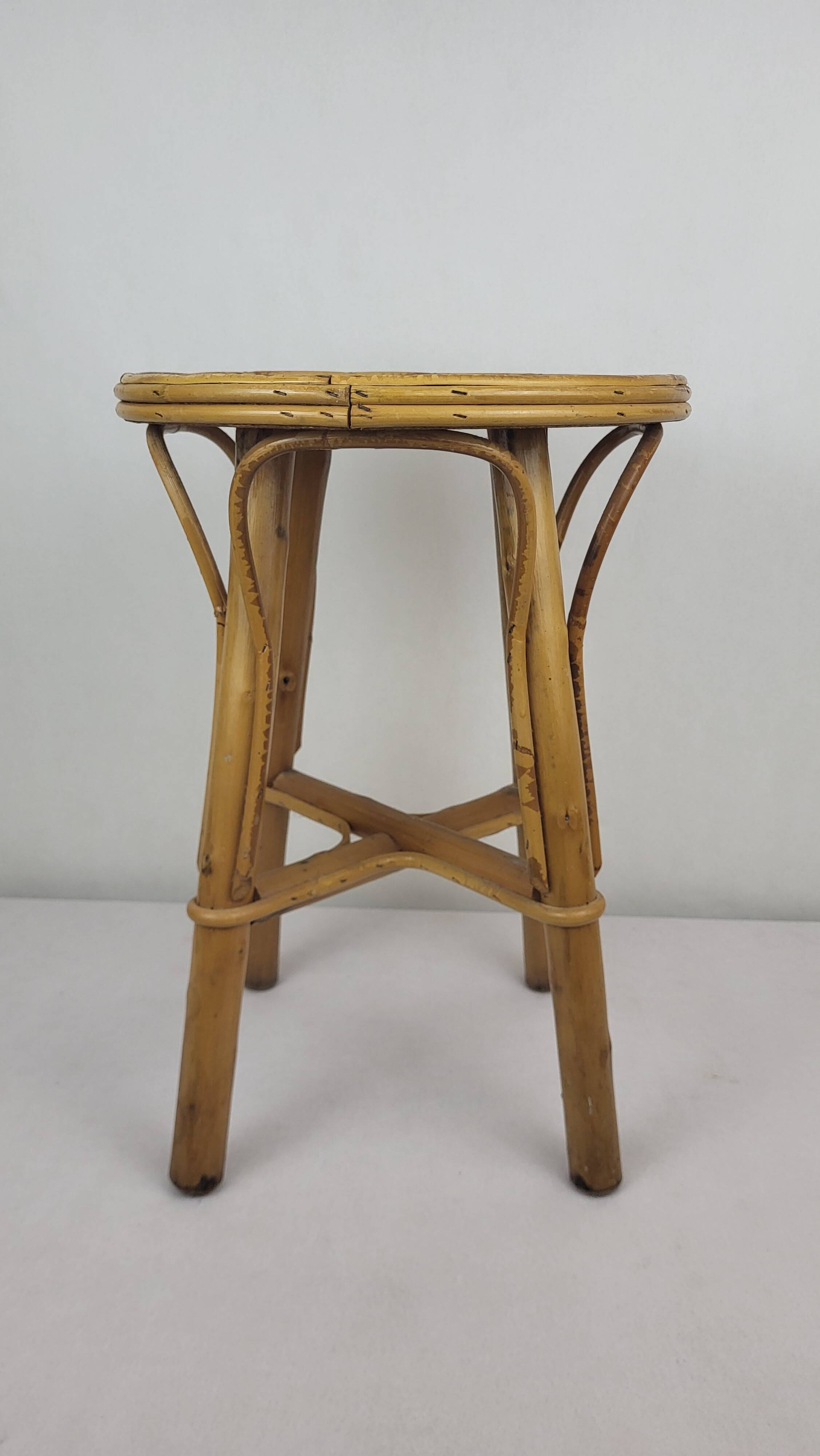 Vintage 1970s rattan stool / pedestal table