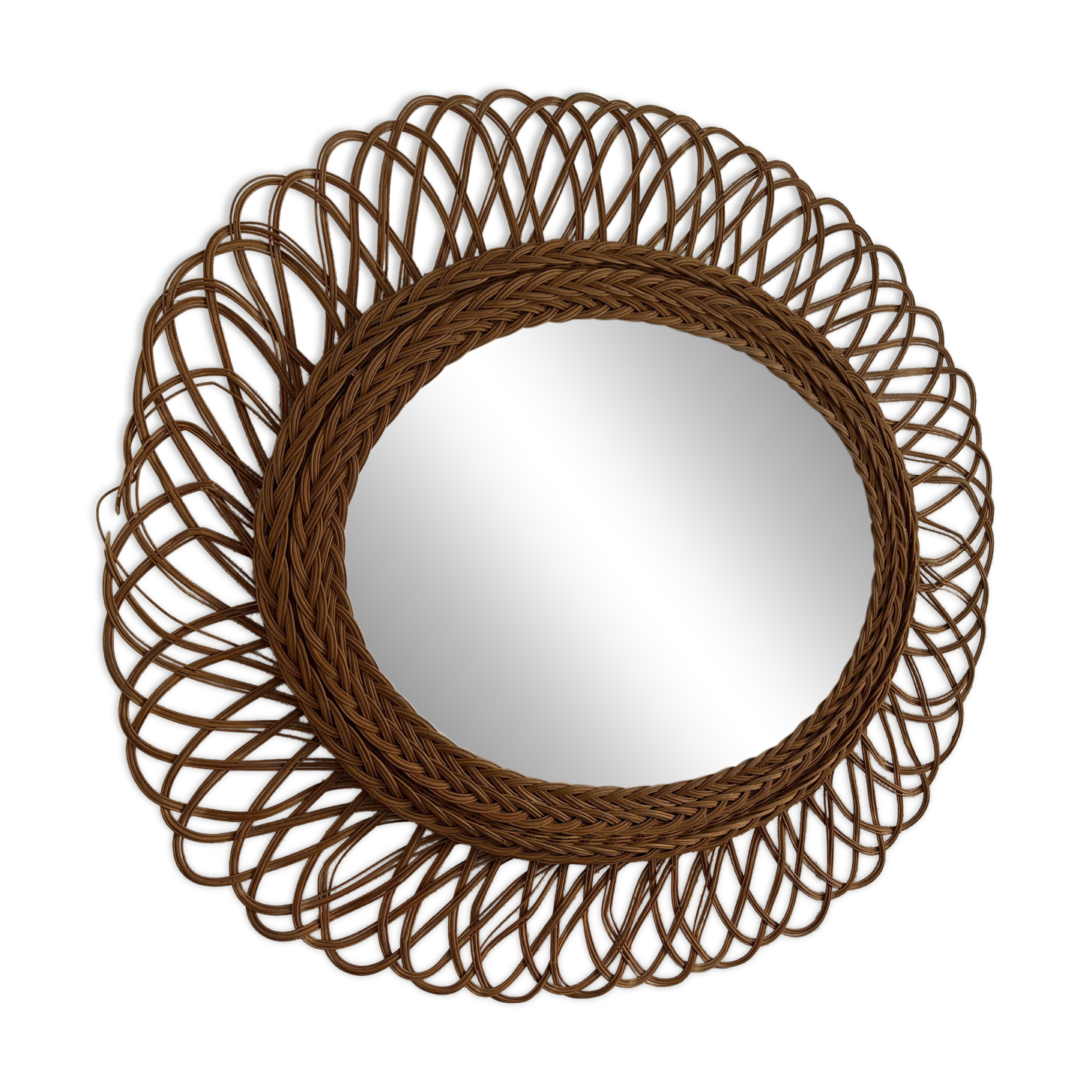 Vintage 1960 sun flower rattan wicker mirror - 68 x 58 cm