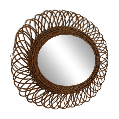 Miroir vintage 1960 soleil fleur rotin osier - 68 x 58 cm