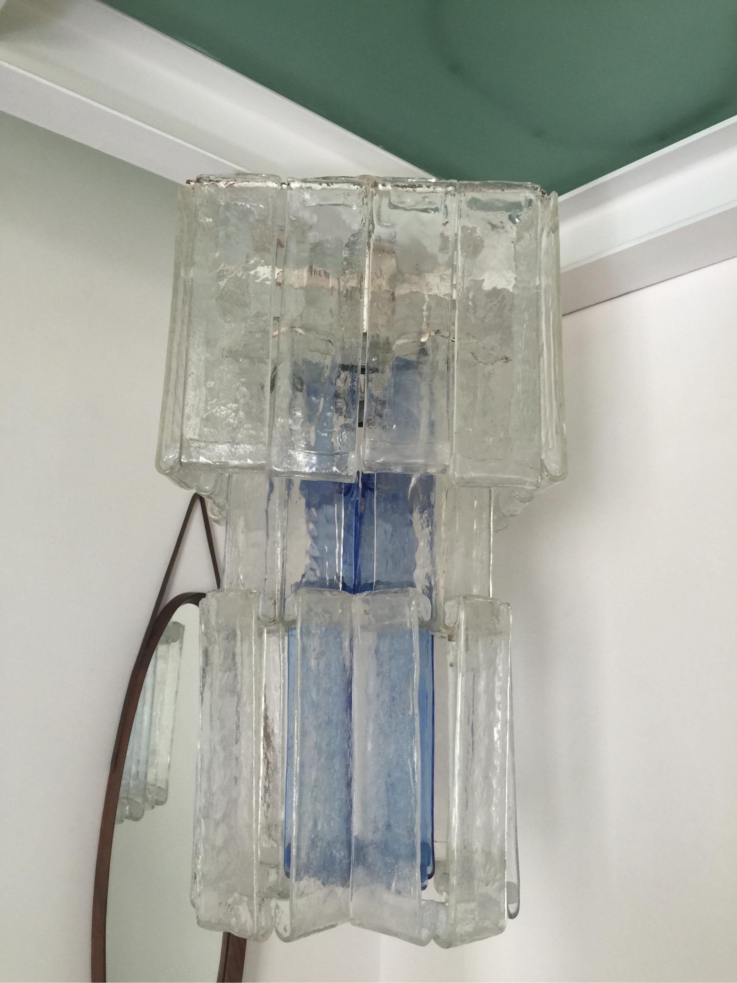 Lustre en verre clair et bleu de Fratelli Toso Murano années 1970