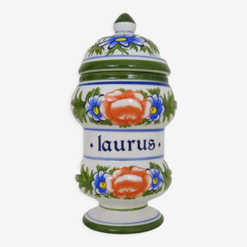 Old apothecary pot, ceramic Laurus medicine jar. Year 70 80