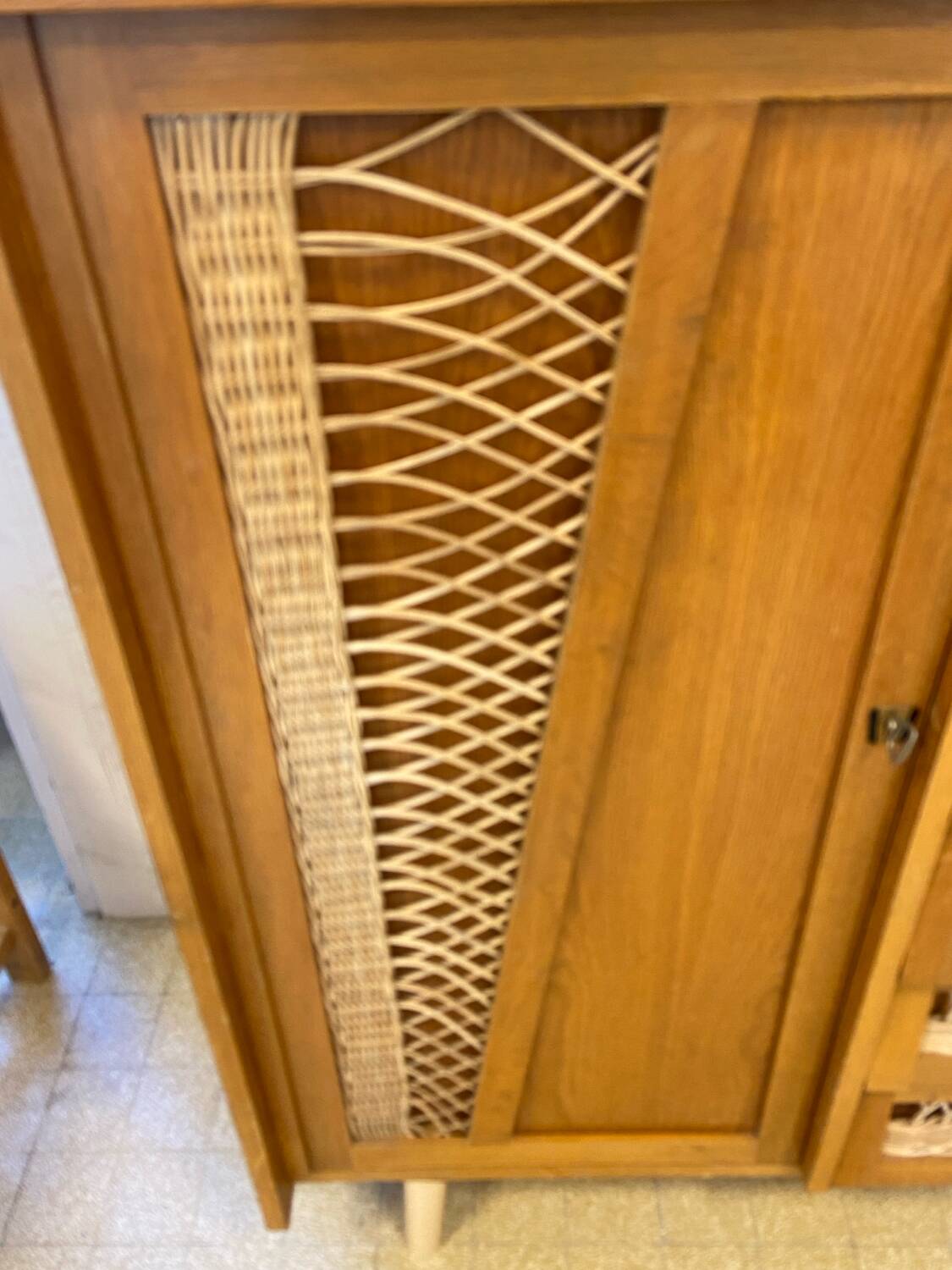 Wood and rattan chest of drawers and wardrobe