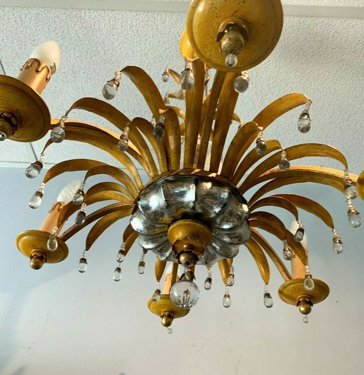 Glass chandelier and patinated sheet metal Six arms of light XX century