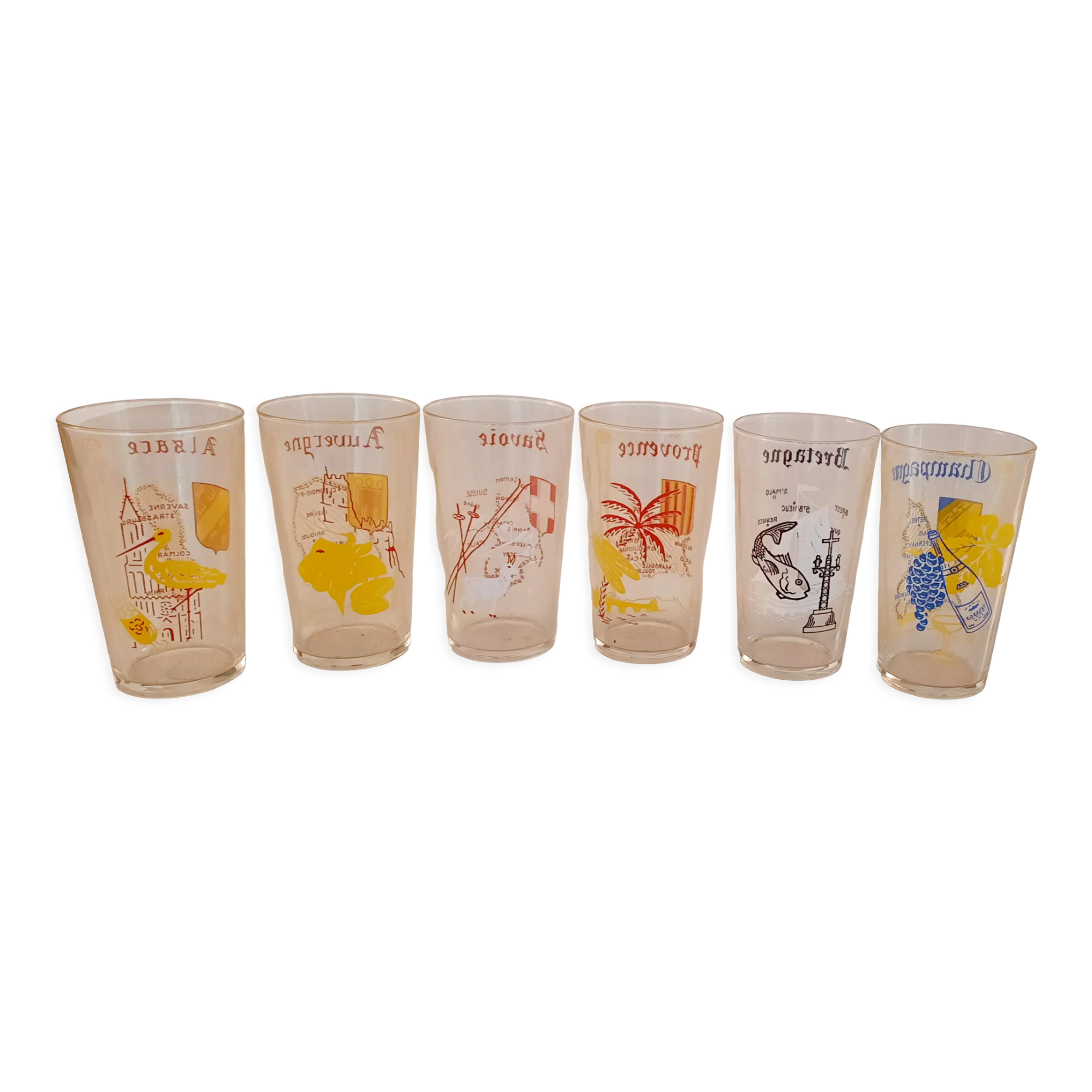 6 orangeade glasses - lemonade - water - regional theme - vintage