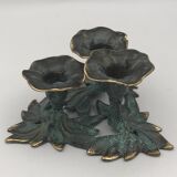 3-flower brass candlestick with green patina
