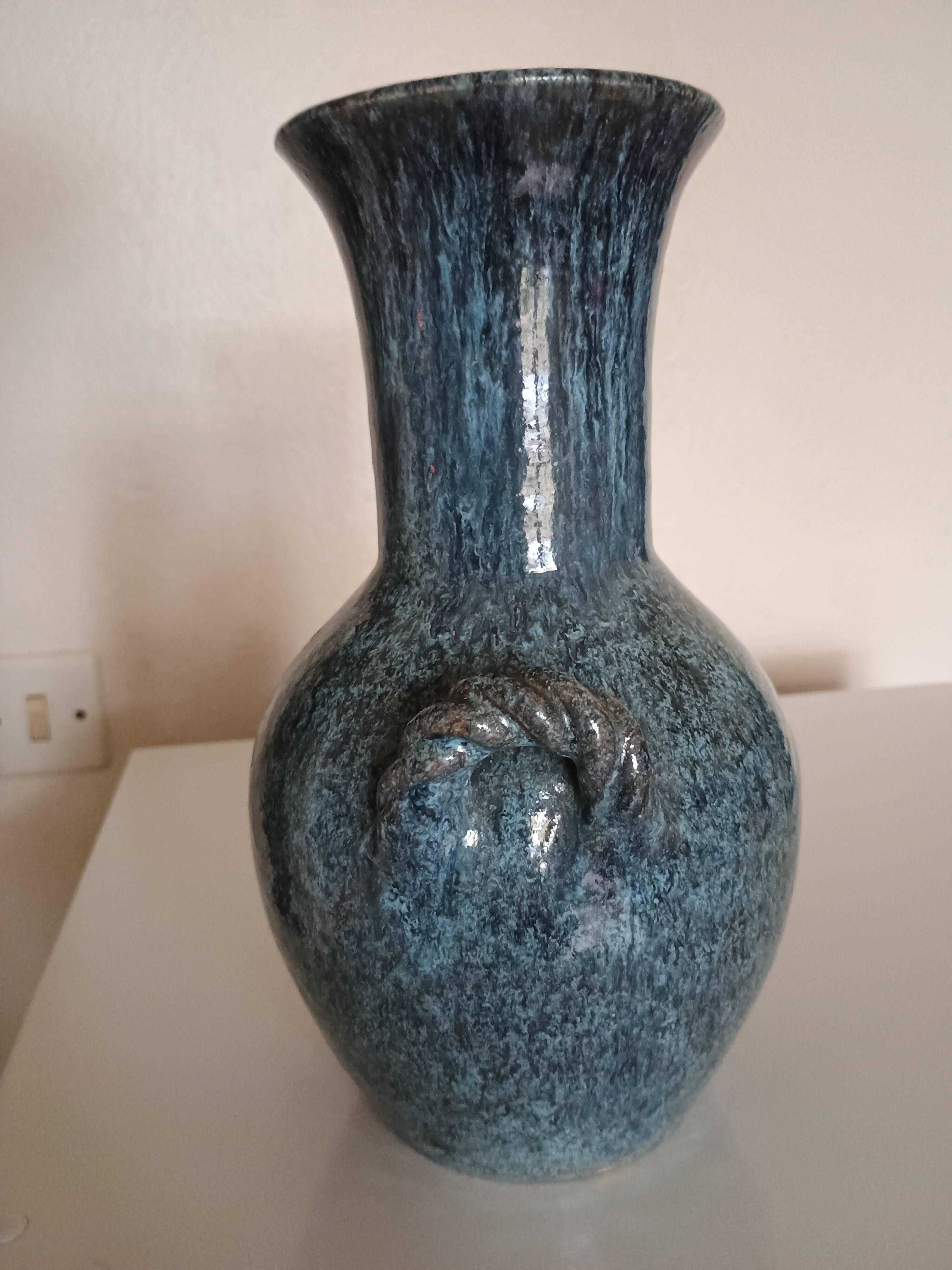 Accolay pottery Yonne - Double handle woven vase - Blue-grey glazed stoneware