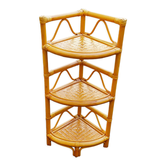 Corner shelf of 3 woven rattan trays and Bamboo structure