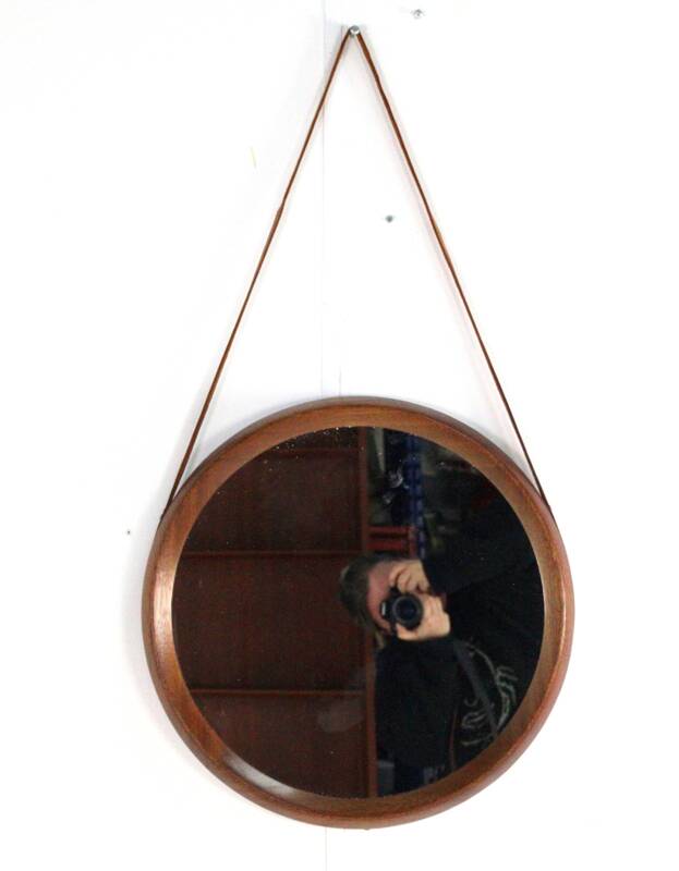 Round teak danish mirror with leather strap
