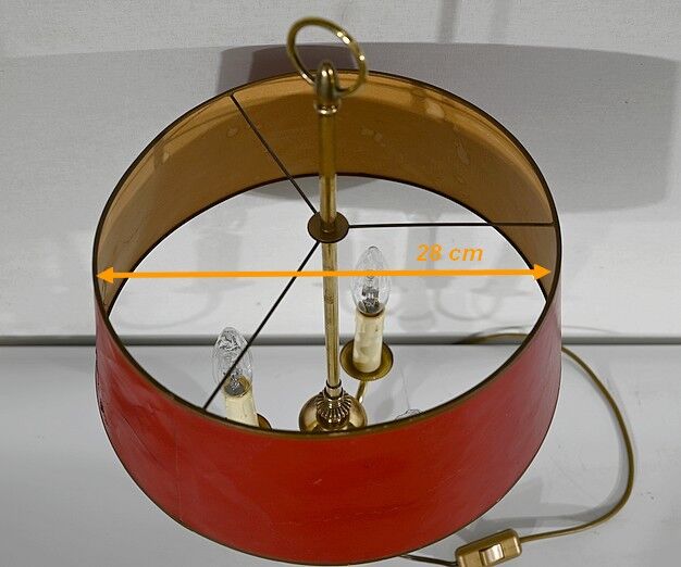 Brass bouillotte lamp with red lampshade, Louis XVI – XXth style