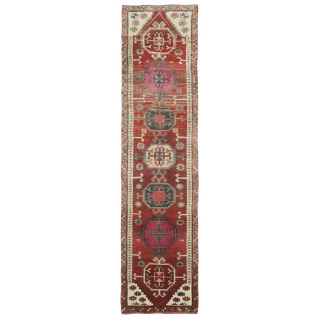 1970s Vintage Turkish Hand-Knotted Wool Cotton Red Runner Rug 90x390