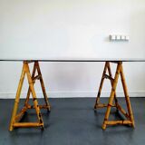 1970s dining table with bamboo trestle legs and smoked glass