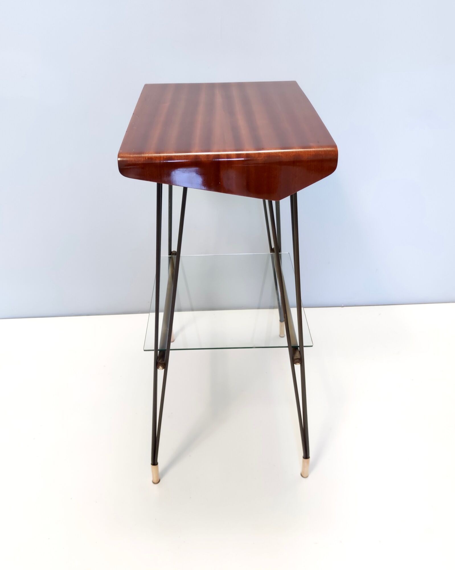 Vintage tv stand/ side table with an ebonized beech top and an iron frame, italy