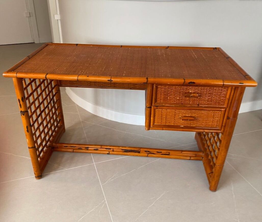 Desk and armchair rattan and vintage bamboo