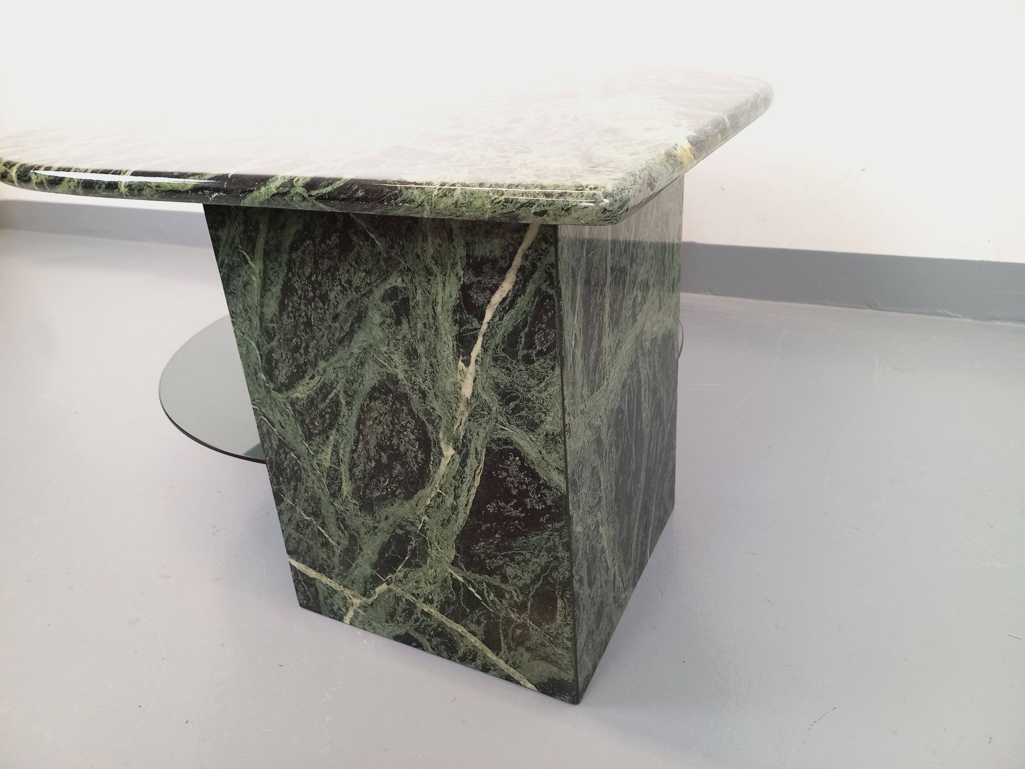 Vintage square coffee table with 2 green marble and smoked glass tops