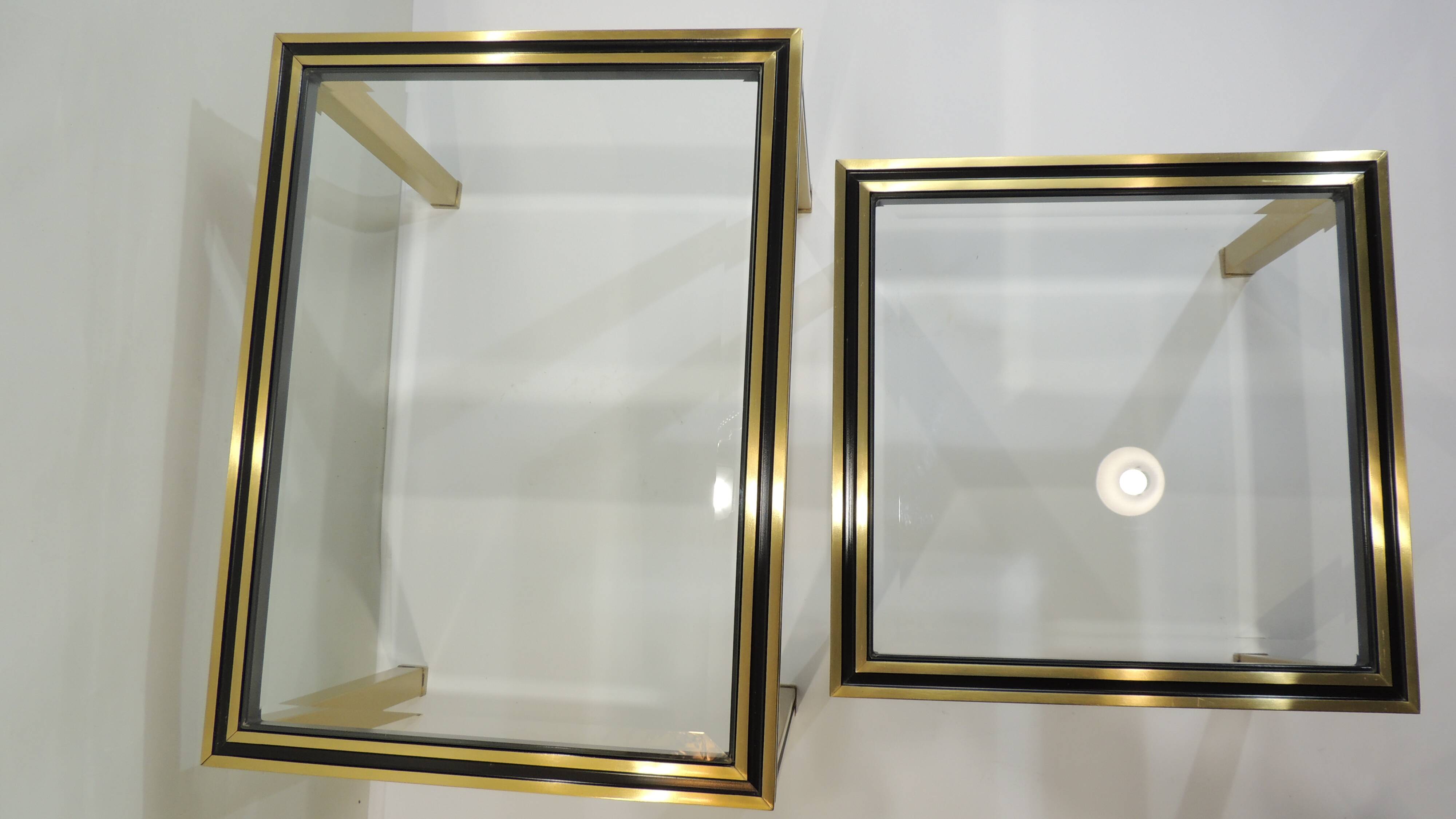 Set of Nesting Coffee Tables in Gold Metal & Beveled Glass by Pierre Vandel