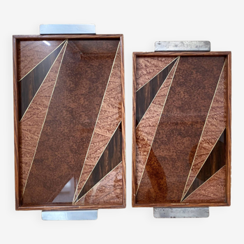 Duo de plateaux vintage en bois marquétés art déco