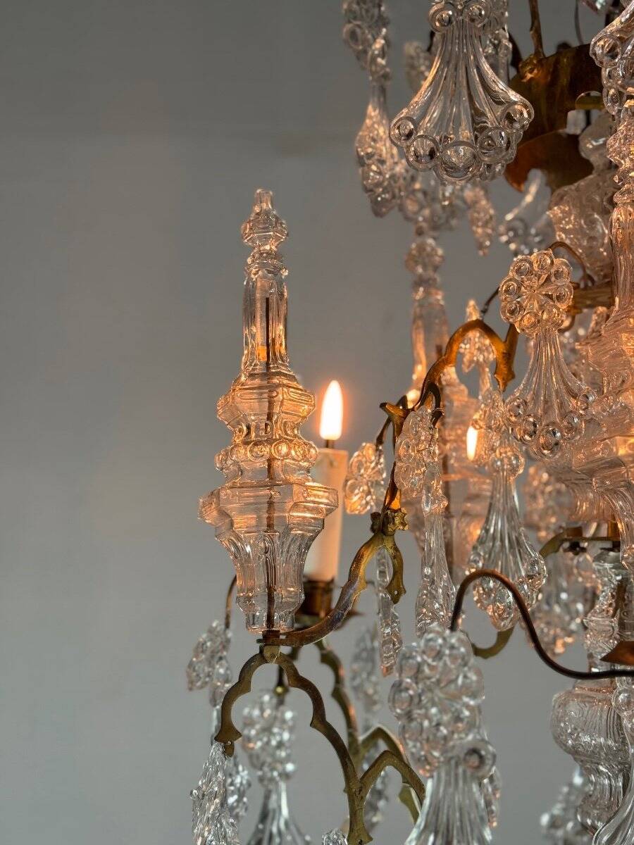 Cage chandelier, molded glass and bronze pendants, circa 1800