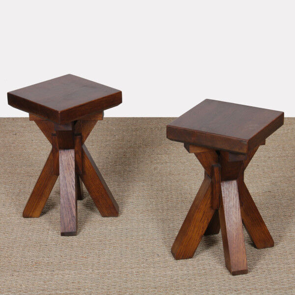 Pair of solid oak stools, French craftsmanship, 1960.