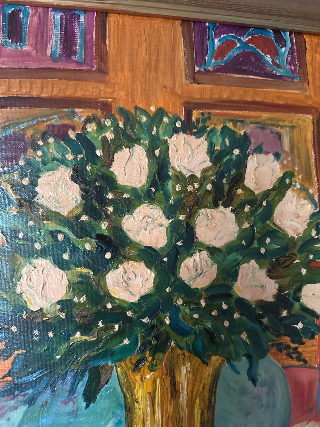 Oil on canvas signed FES – "Bouquet of roses with a small dog" – Style