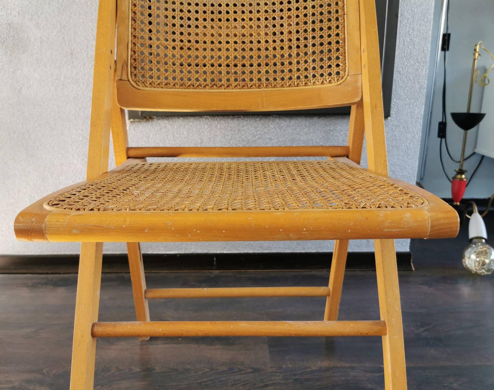 Vintage wooden folding chair with 1970 rattan seat and back