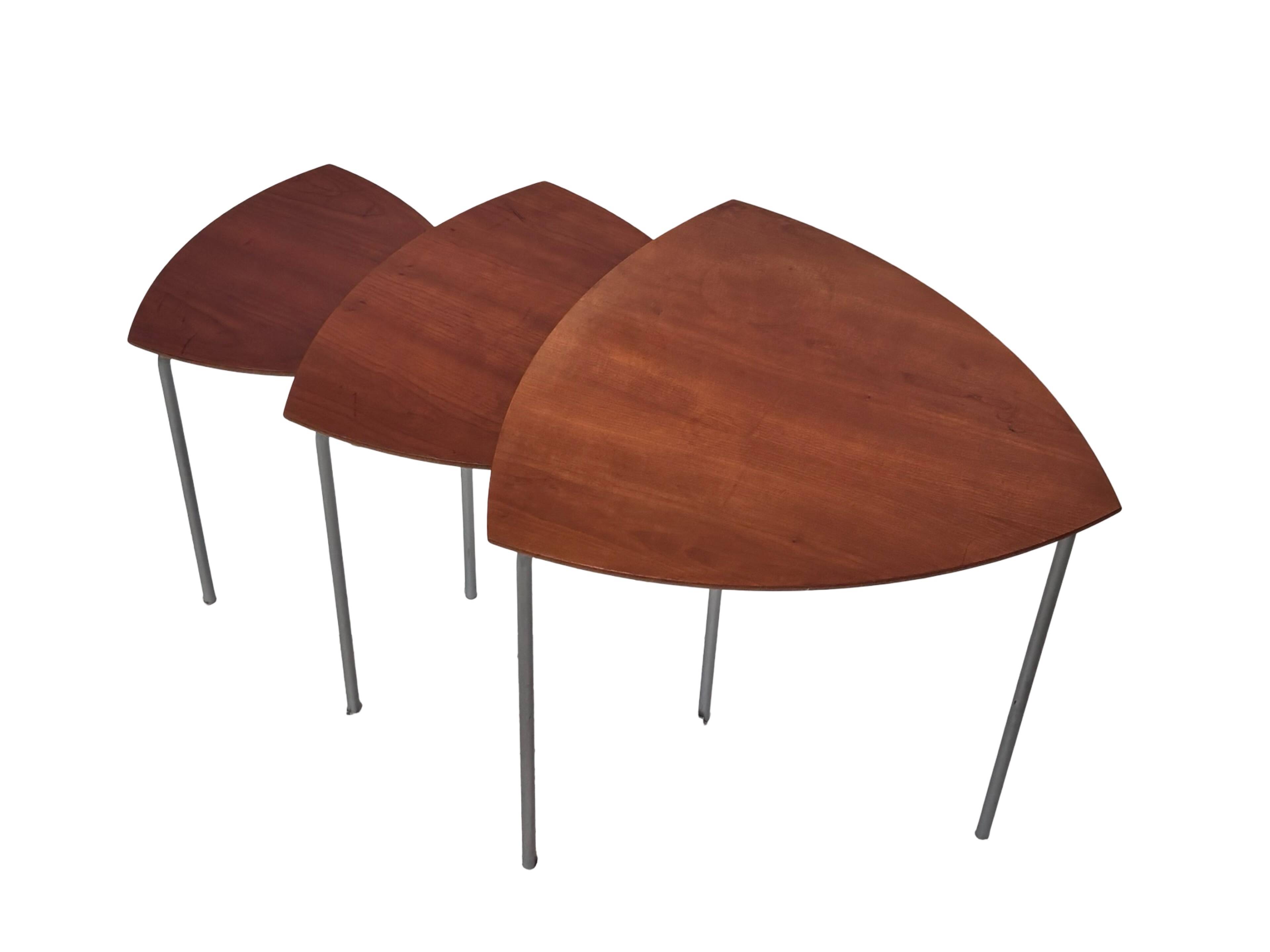 Vintage set of 3 wooden and metal side tables from the 1980s