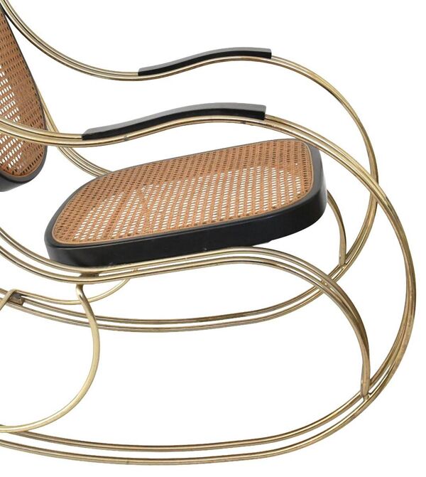 Rocking-chair moderniste en laiton doré et cannage