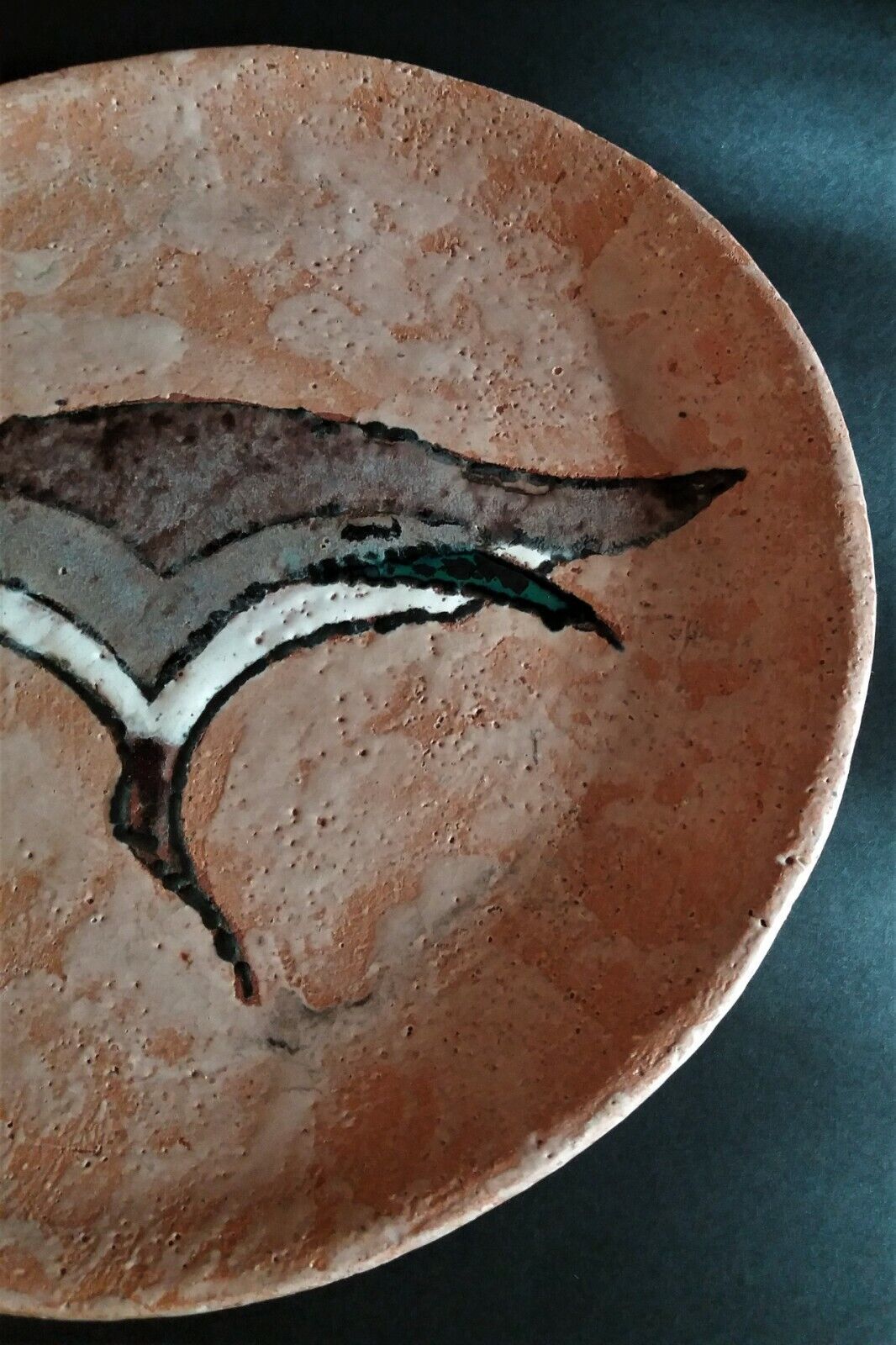 Vintage glazed terracotta ceramic plate signed Olivier