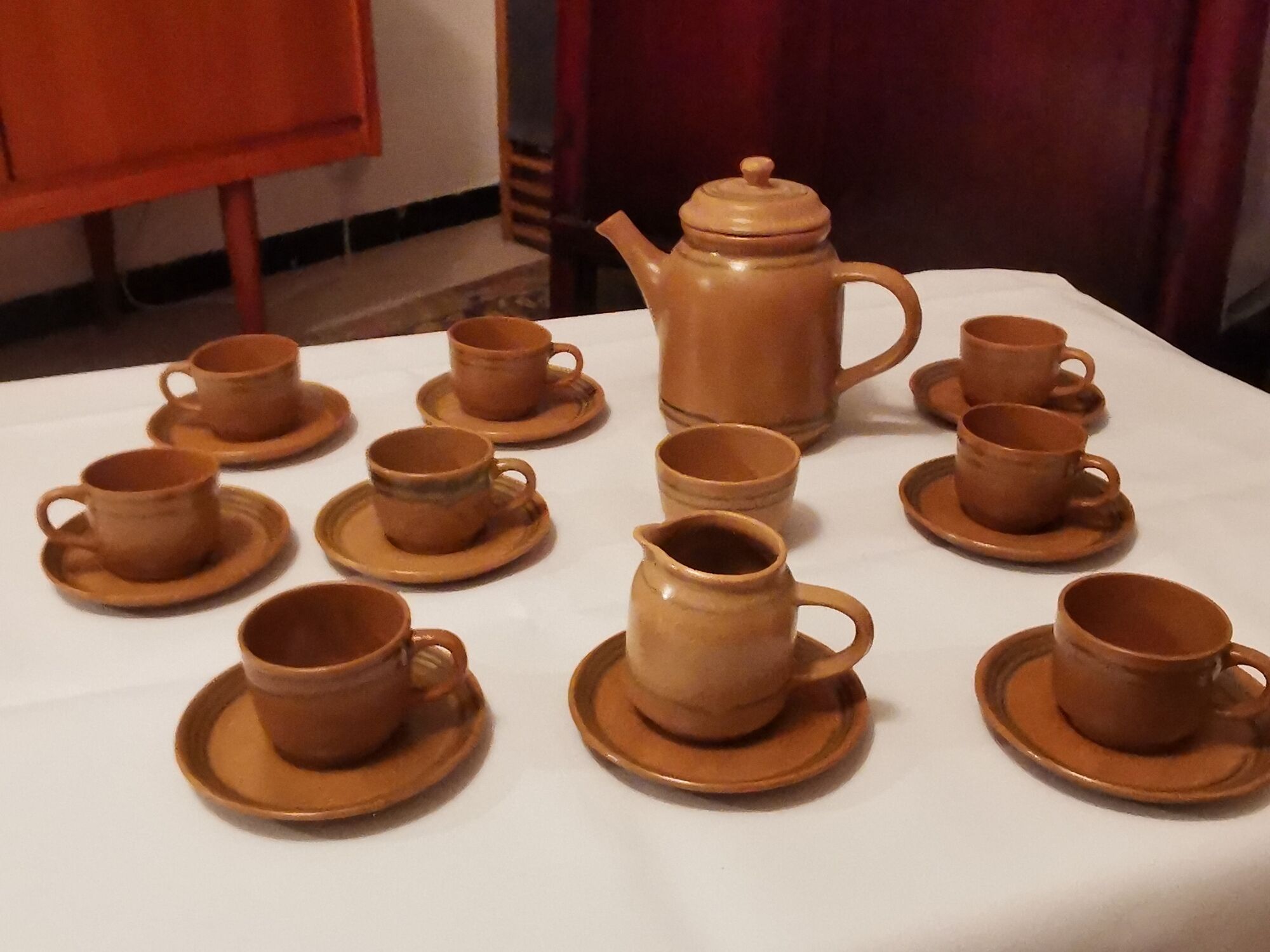 Coffee service or tea in Sarguemine sandstone from the 'Art Workshop of Lorraine'