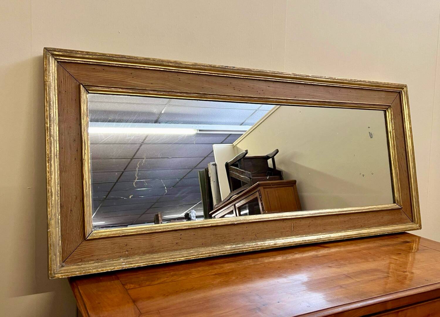 Rectangular mirror in natural wood and gilded wood