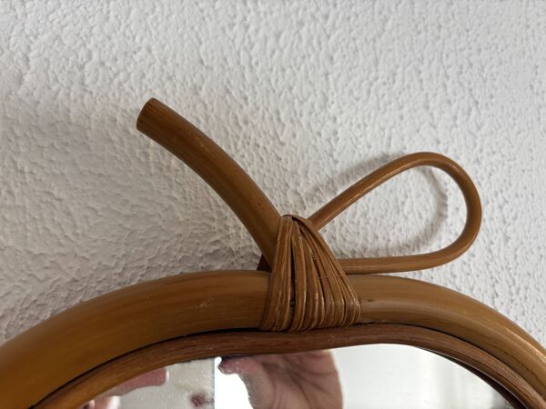 Miroir vintage 1960 pomme rotin osier bambou - 32 x 33 cm