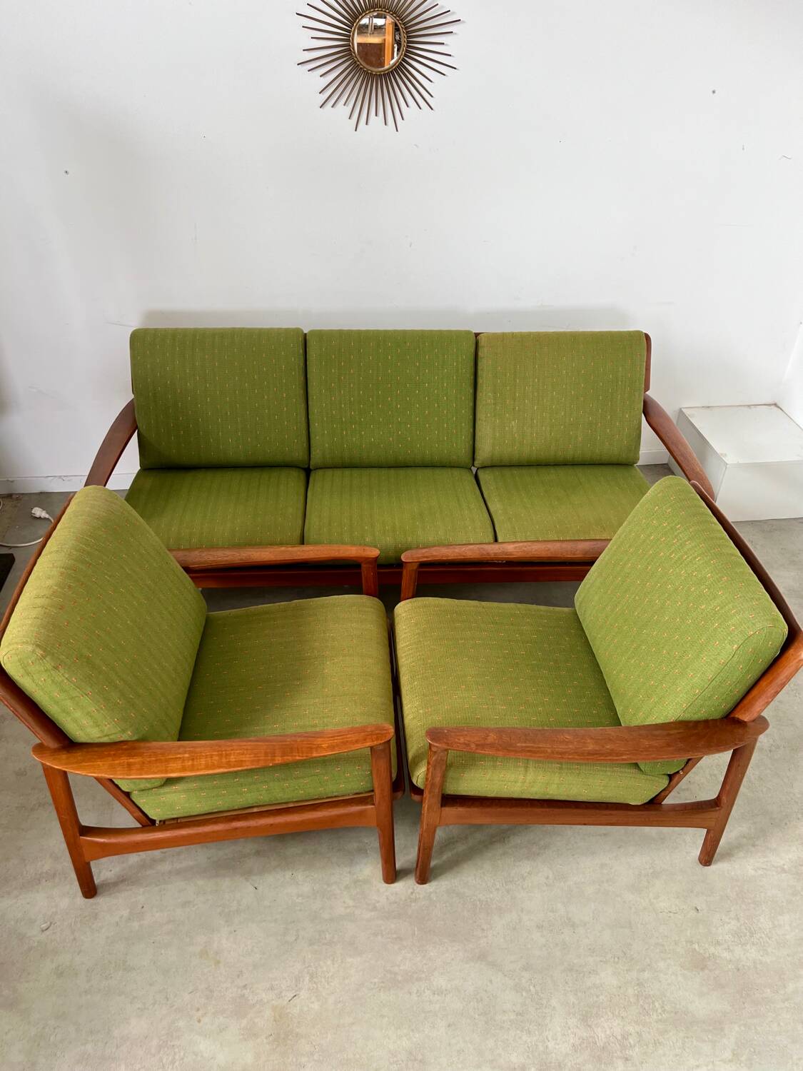 Living room set sofa armchair coffee table Scandinavian design 60s Swedish vintage teak