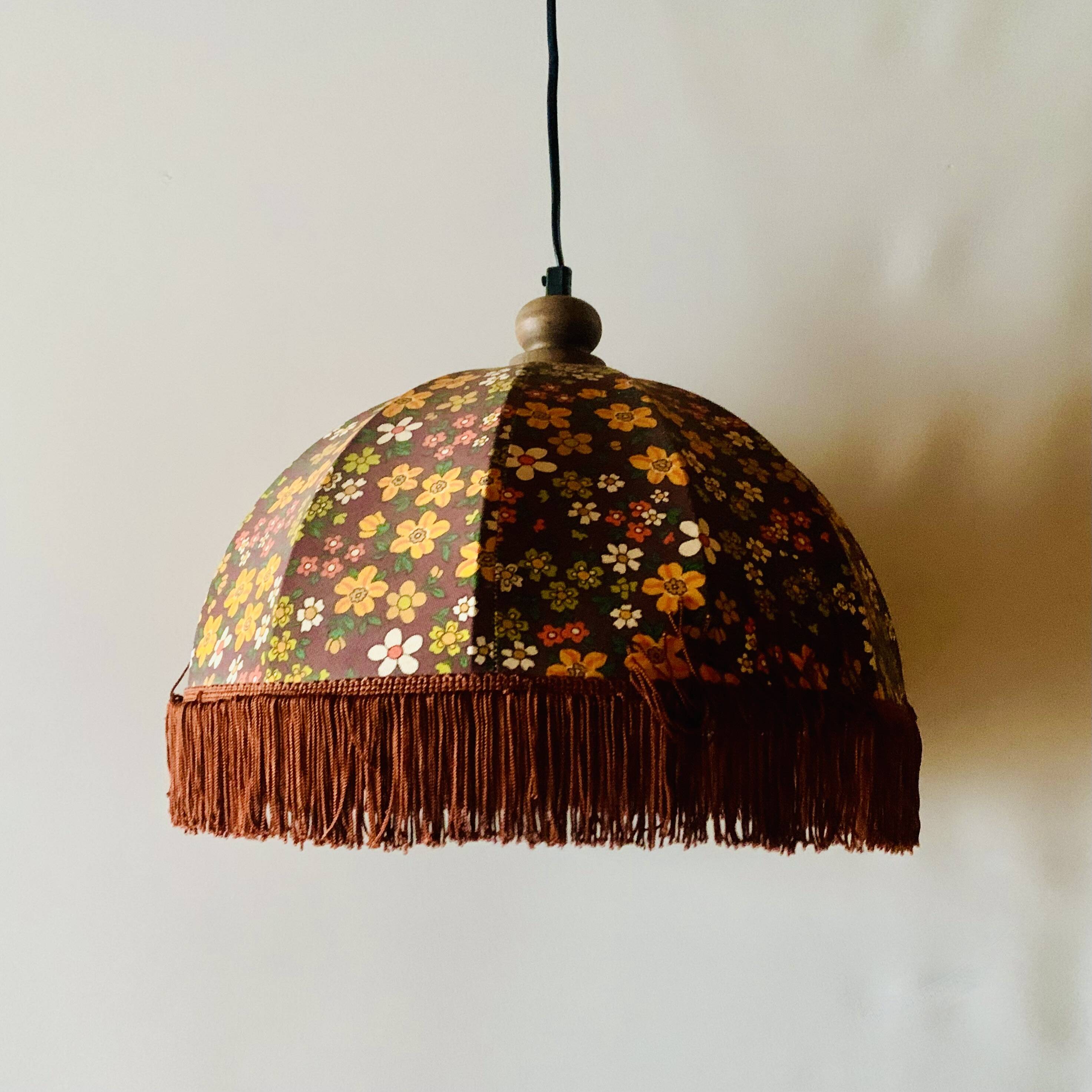 Vintage fringed pendant light in floral fabric - 1970s