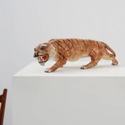 Italian Hollywood Regency Ceramic handpainted Tiger Sculpture, ca. 1950