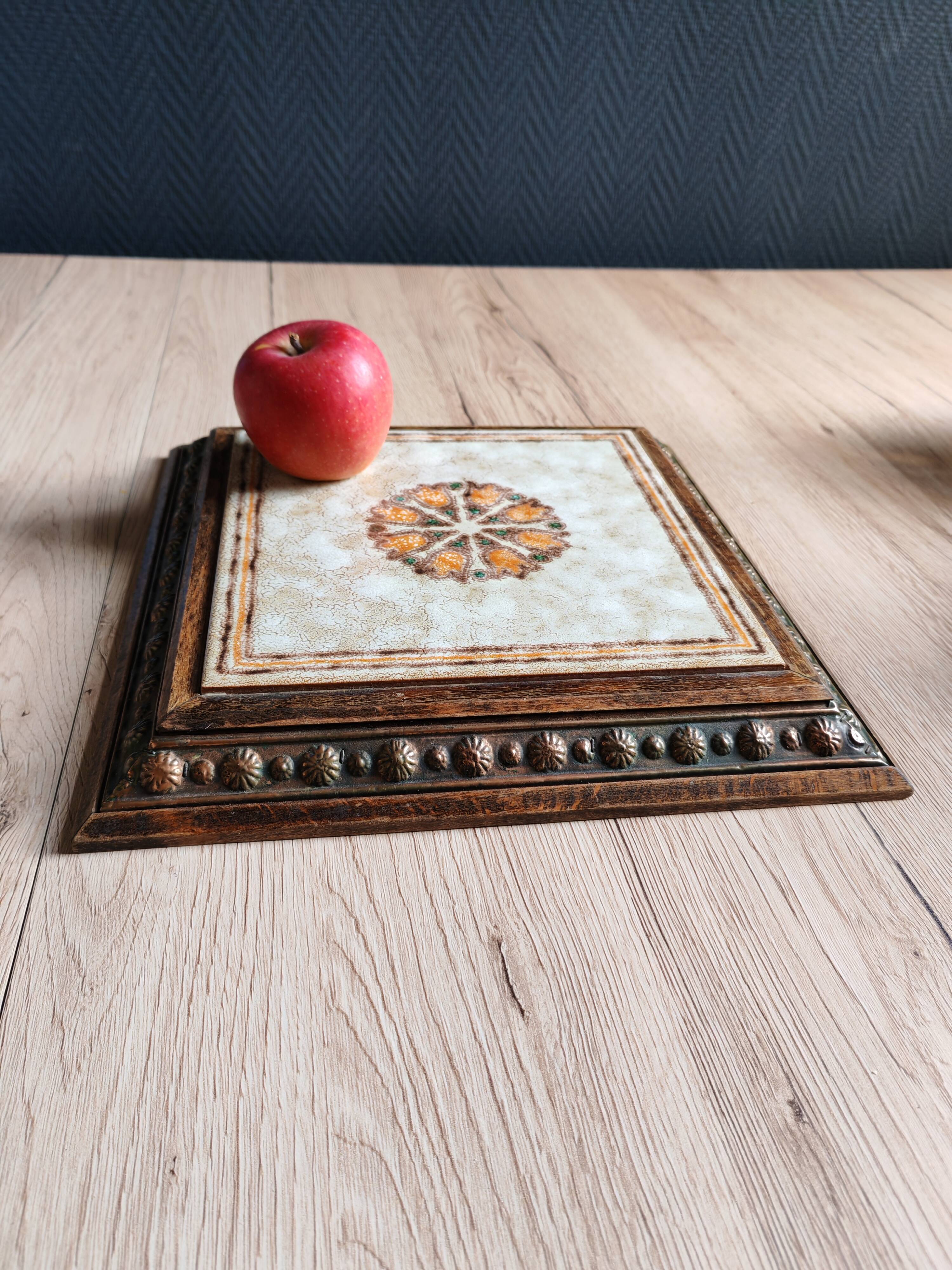 Old Italian Ceramic Trivet and Wooden Frame