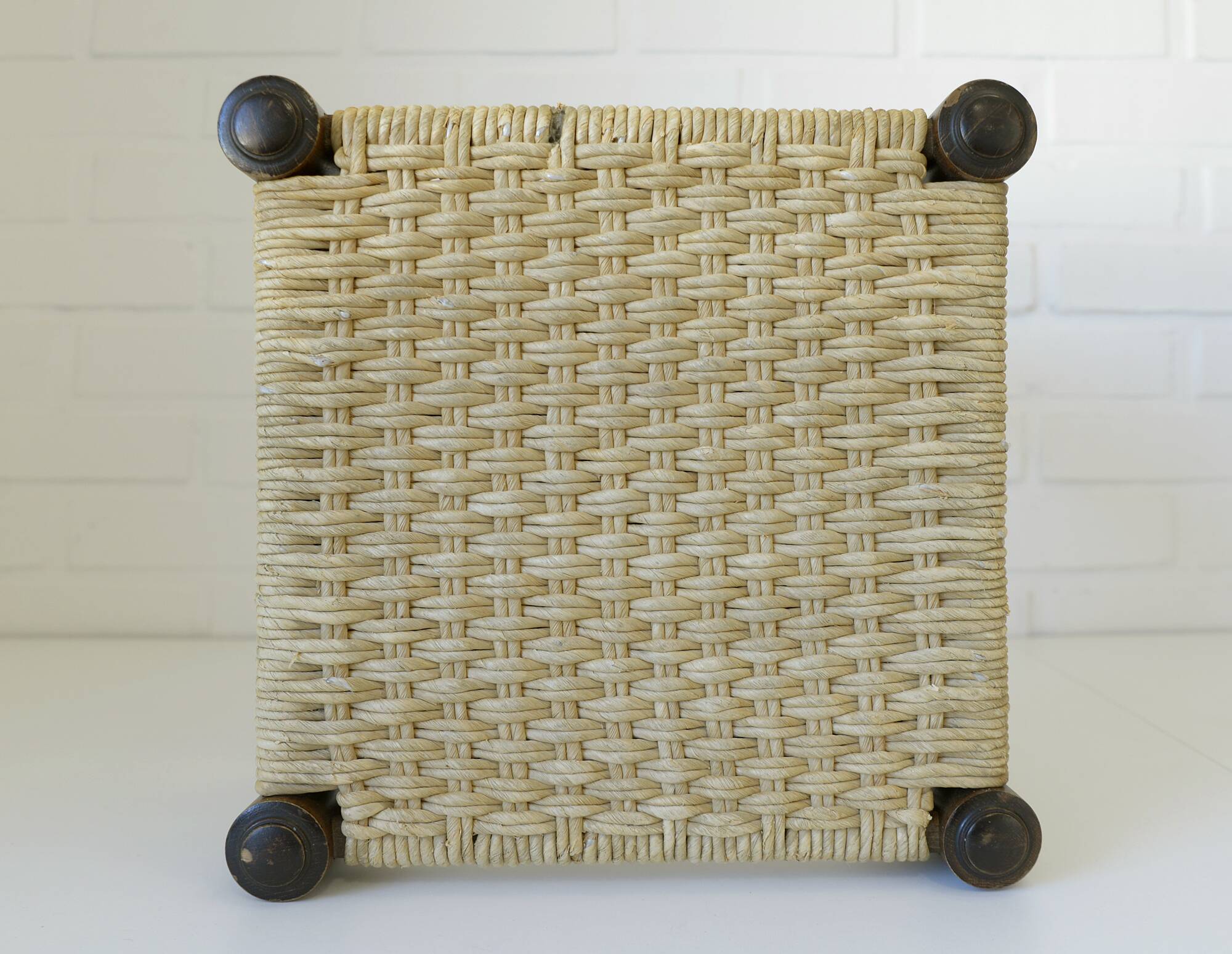 Vintage rustic stool, wooden ottoman footstool, wicker bench from the 1960