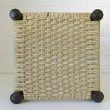 Vintage rustic stool, wooden ottoman footstool, wicker bench from the 1960