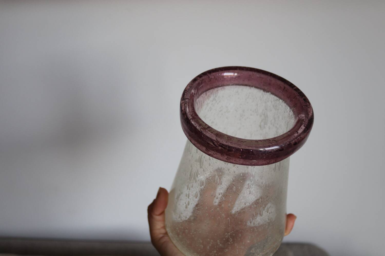 Vintage mauve neck blown glass bubble conical vase