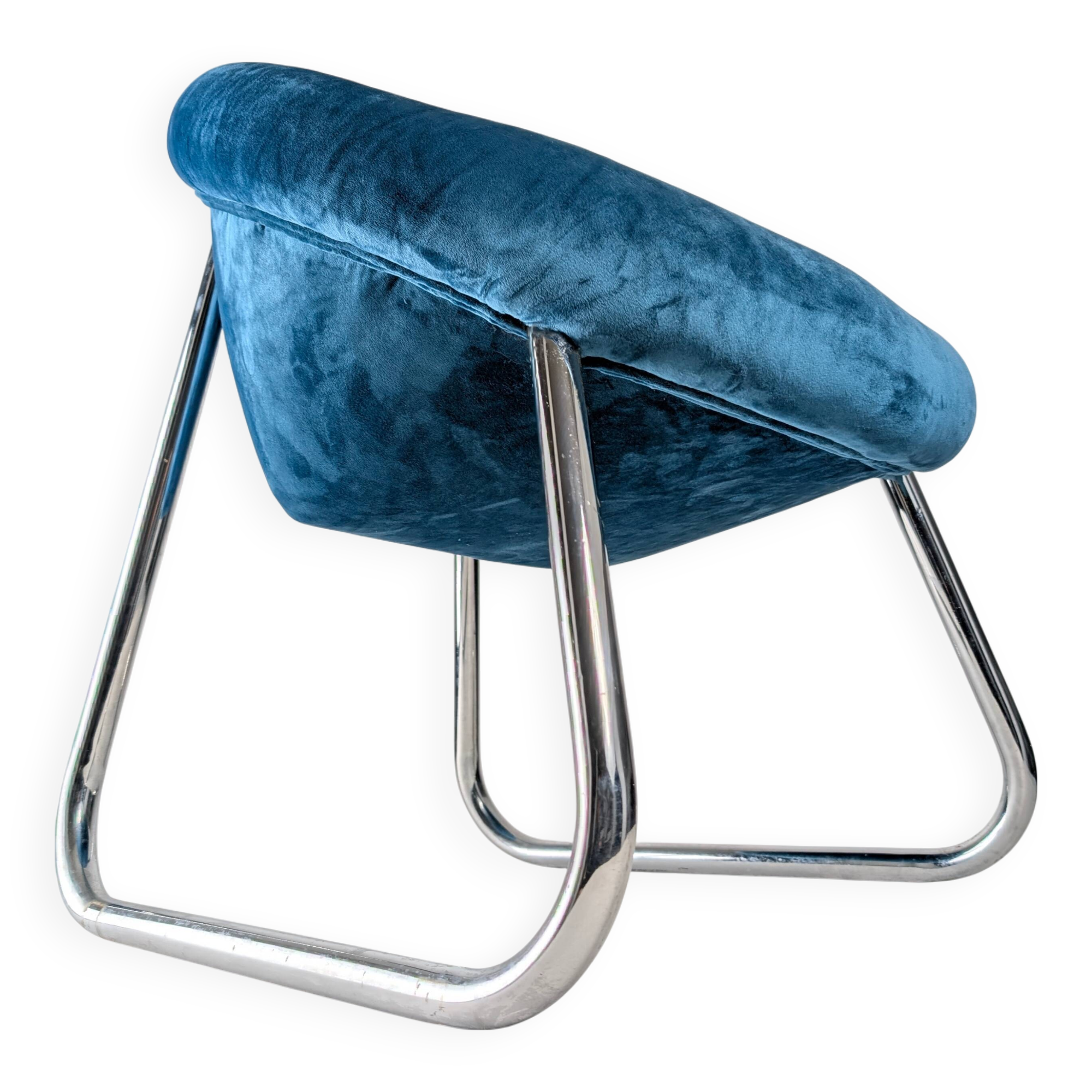 Pair of Italian Chrome and Blue Velvet Armchairs, 1970s