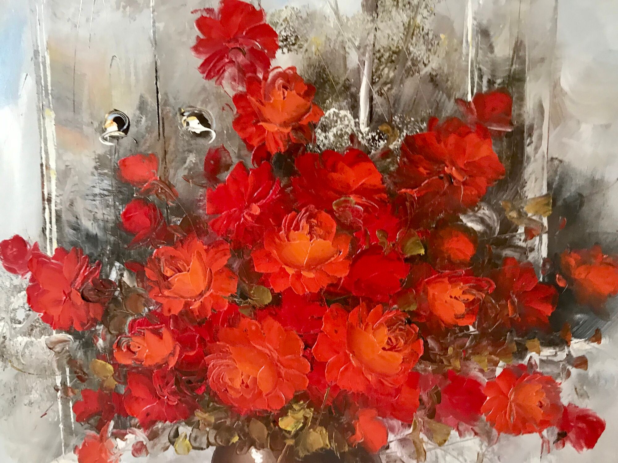 Old oil on canvas painting bouquet of red flowers signed
