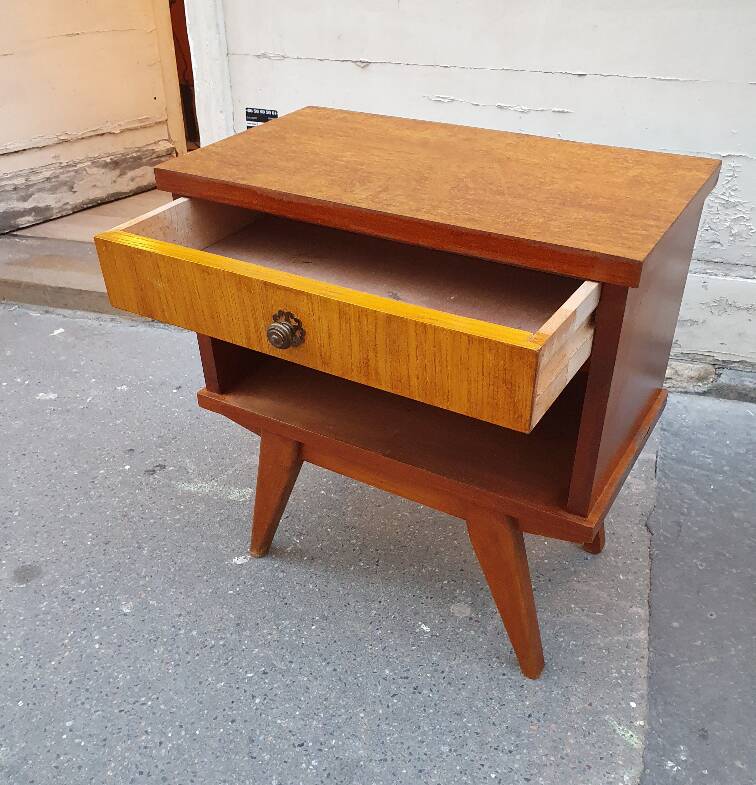 Wooden bedside table, compass legs, 1950