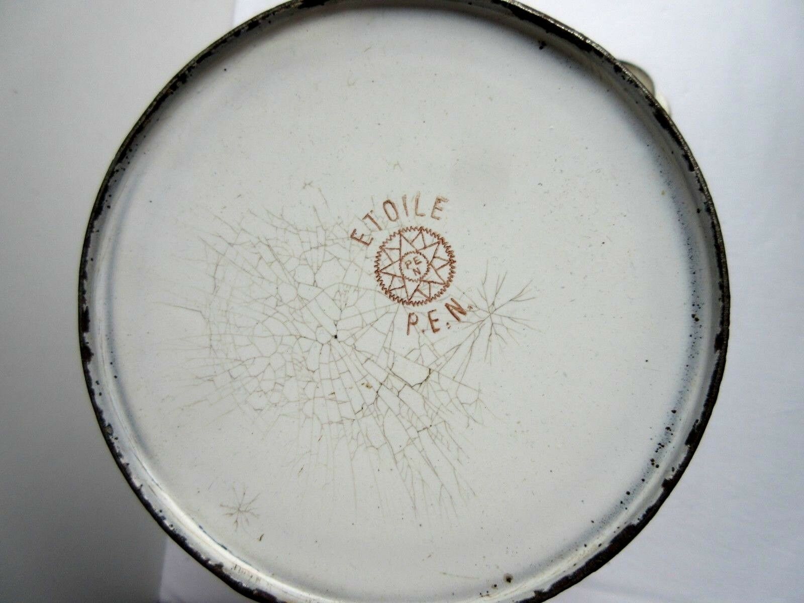 Art Deco milk pot, white and blue enamelled milk plate signed Etoile PEN